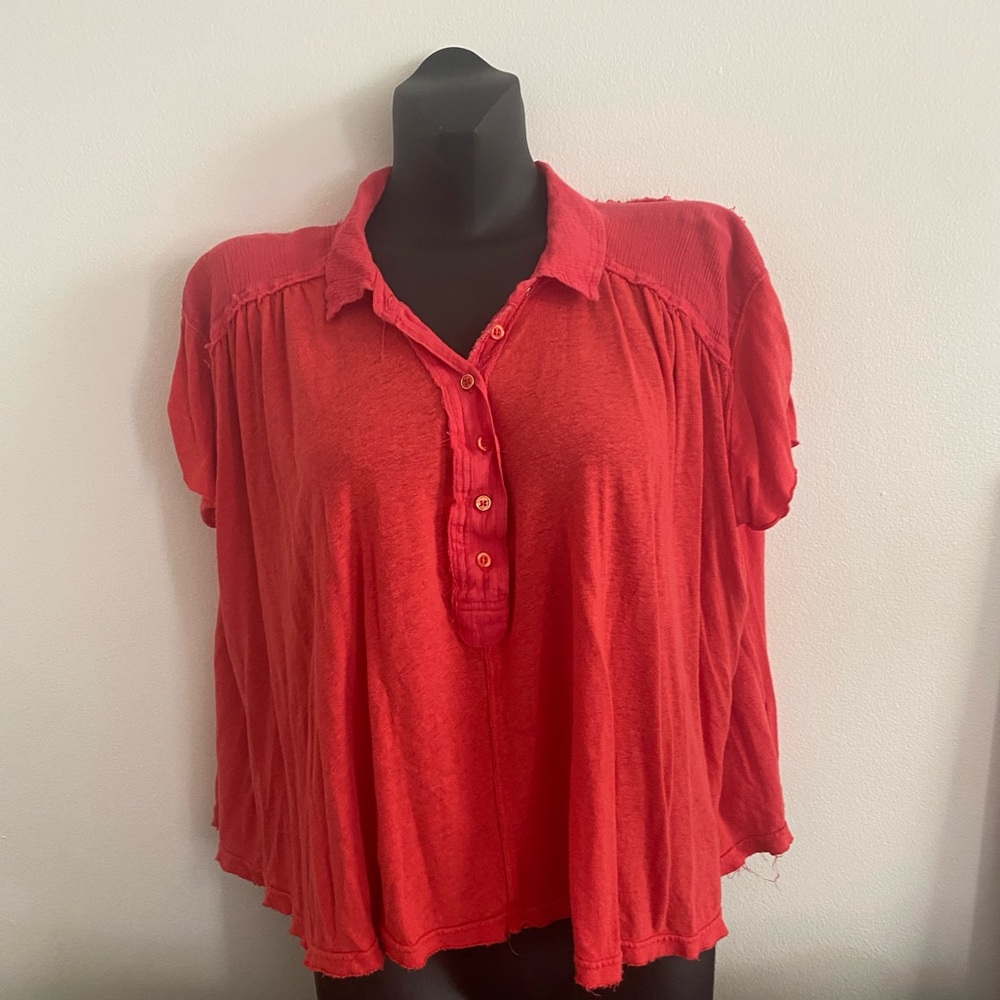 Free People Red Relaxed Polo Blouse with Puff Sleeves